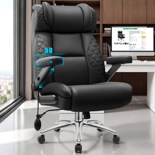 Big and Tall Leather Executive Office Chair with Built-In Airbag Lumbar Support and 360° Adjustable Armrests
