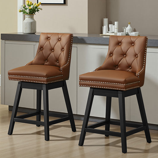 30" PU Leather Bar Stools With Button Tufting And Wood Legs, 360° Rotating Stool with Thick Cushion (Set of 2)