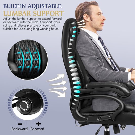 500lbs Big and Tall Office Chair, Heavy Duty Executive Desk Chair with Adjustable Lumbar Support and Extra Wide Seat, Comfy Padded Cushion, Ergonomic PU Leather Home Computer Chair