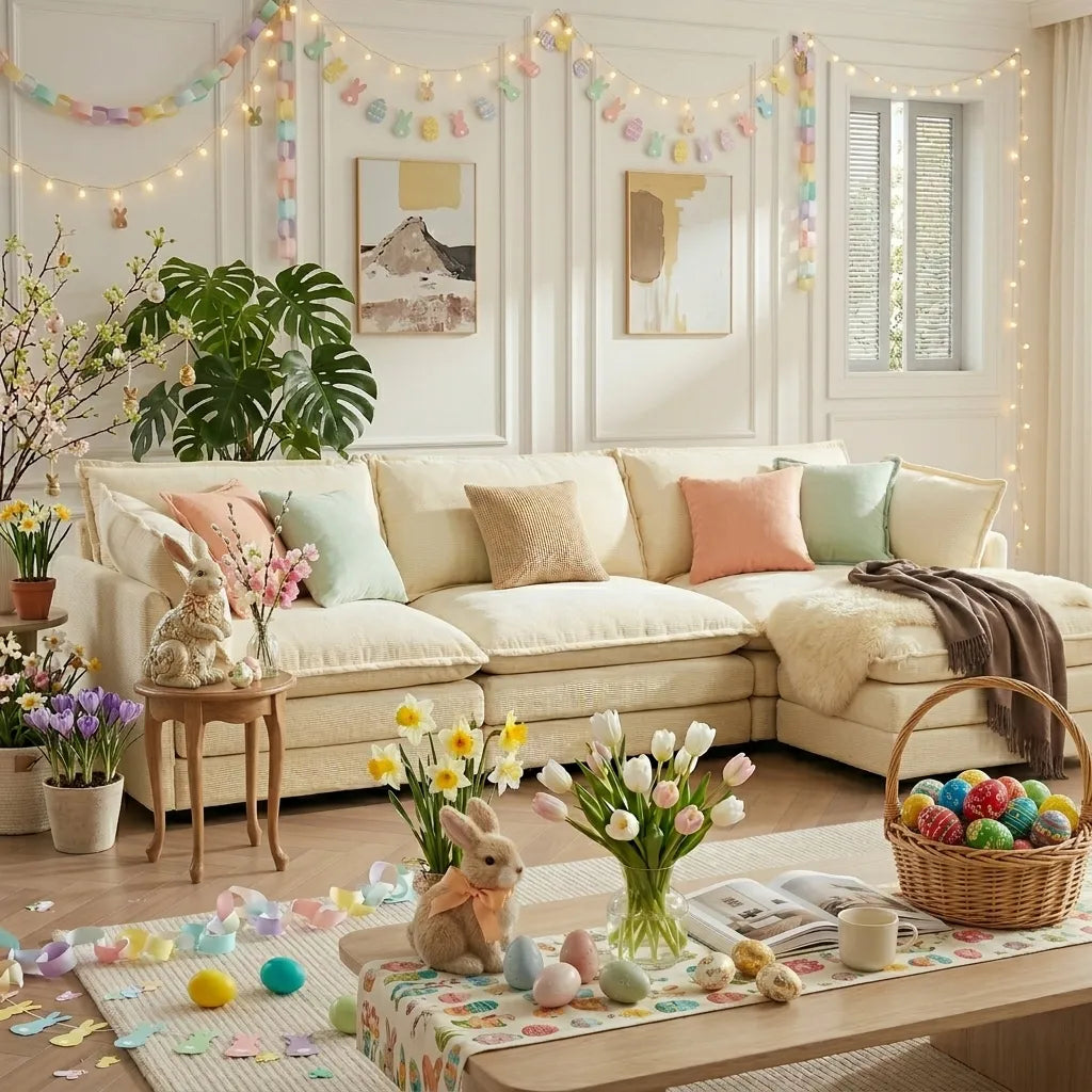 Living room decorated for Easter with a sofa, a table with flowers, and baskets of eggs.