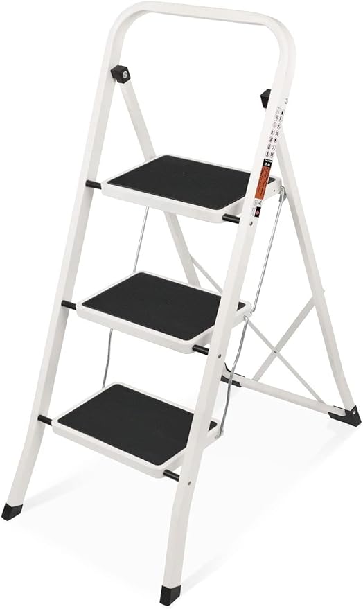 Primy 3 Step Ladder, Portable Folding Step Stool with Extra Wide Anti-Slip Pedal and Top Handrail, 350lbs Lightweight Sturdy Steel Ladders for Household Kitchen Office Outdoor