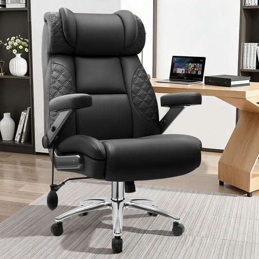 Big and Tall Leather Executive Office Chair with Built-In Airbag Lumbar Support and 360° Adjustable Armrests