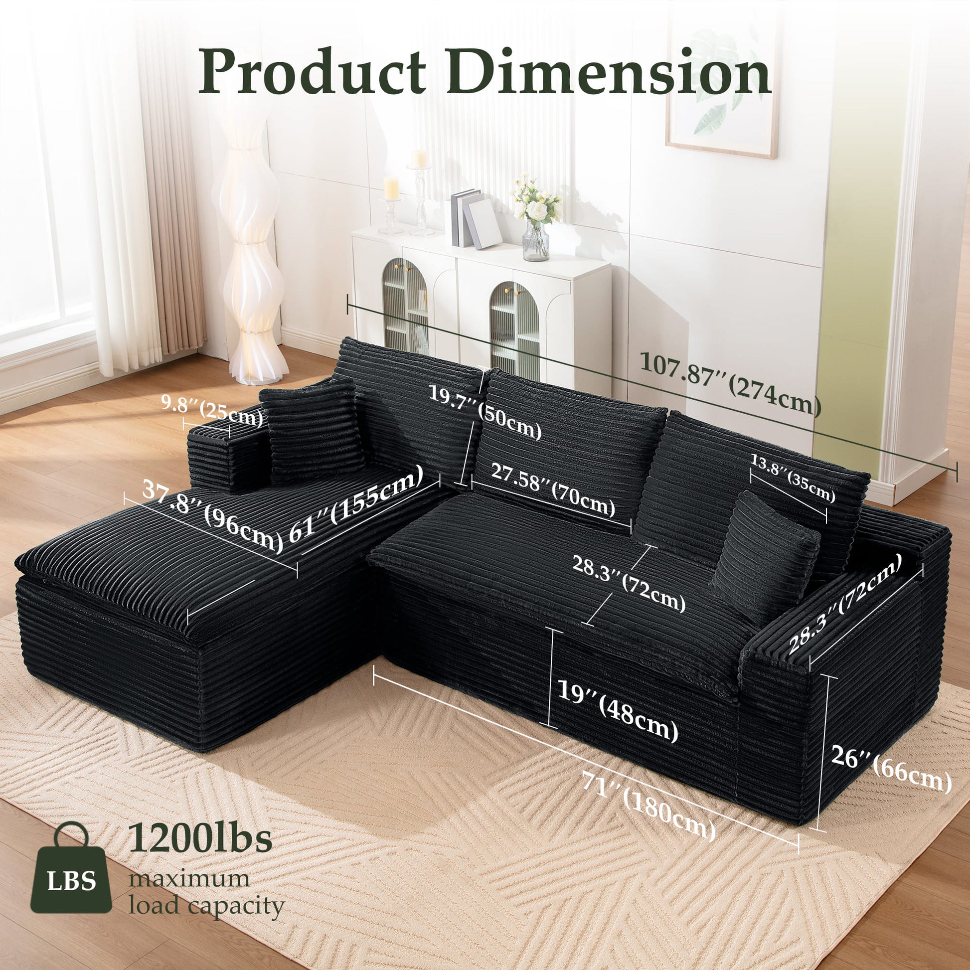 Casual Plush Corduroy L-shape Sectional Sofa