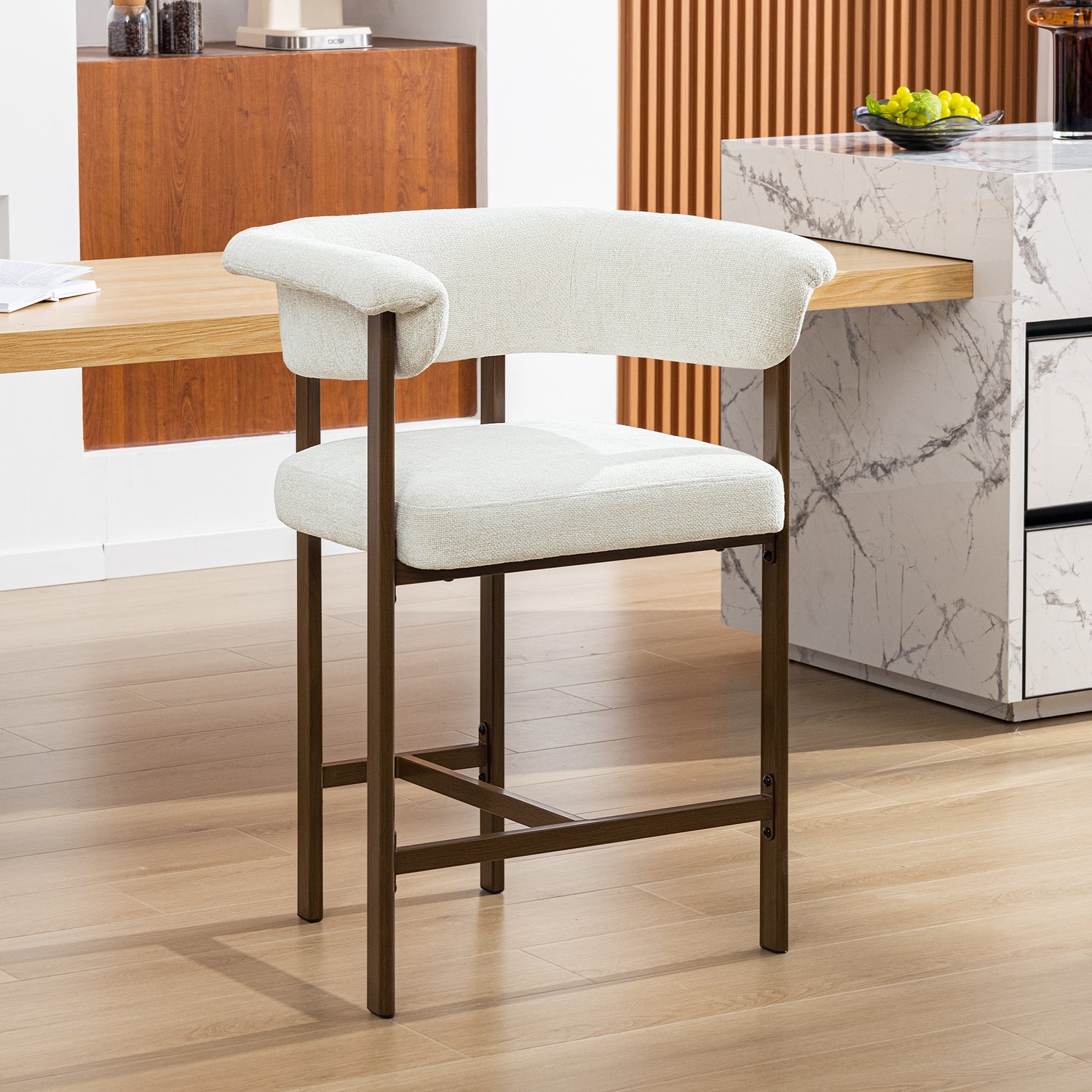 Primy Counter Height Bar Stool with Padded Arms, Modern Fabric Upholstered Dining Room Barstools Kitchen Island Armchair with Footrest+Curved Backrest