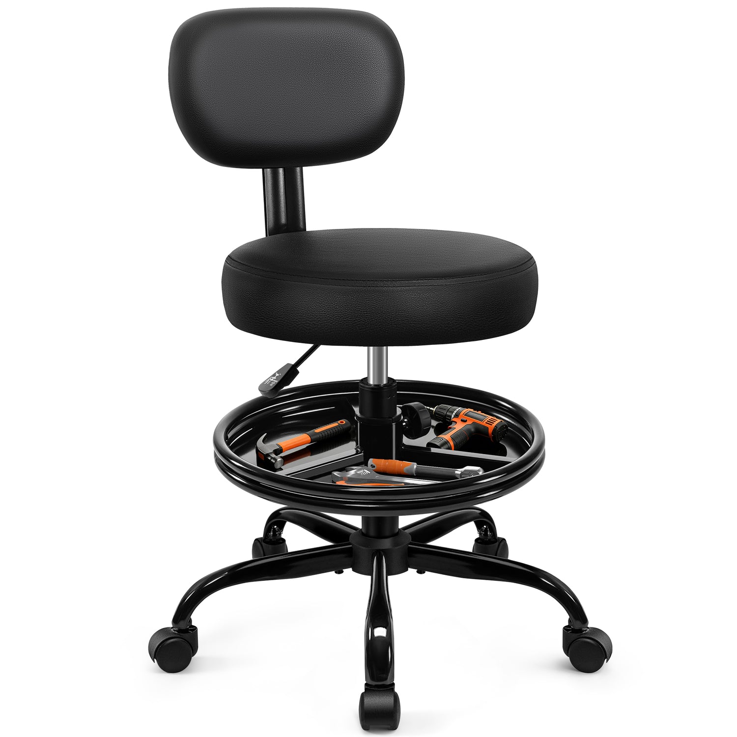 Primy Shop Stool with Wheels for Garage, Rolling Mechanics Chair with Backrest, Adjustable Height Heavy Duty Garage Stool with Footrest and Storage Tray, Swivel Task Chair for Workshop Kitchen Salon