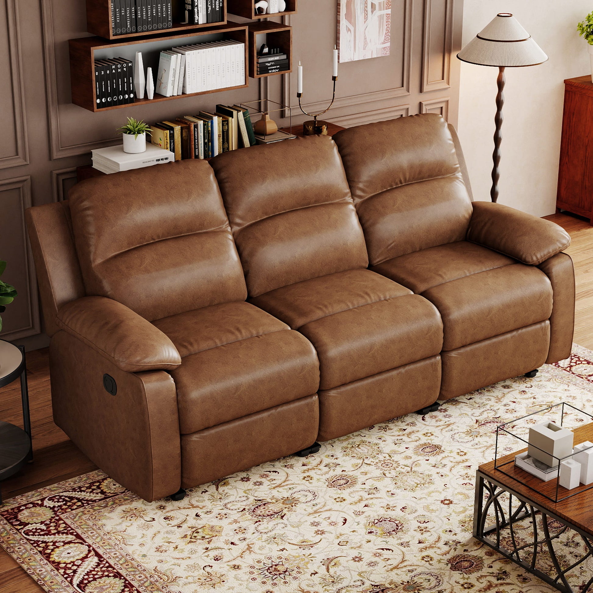 Leather Manual Recliner Sofa with Smooth Recline and Footrest