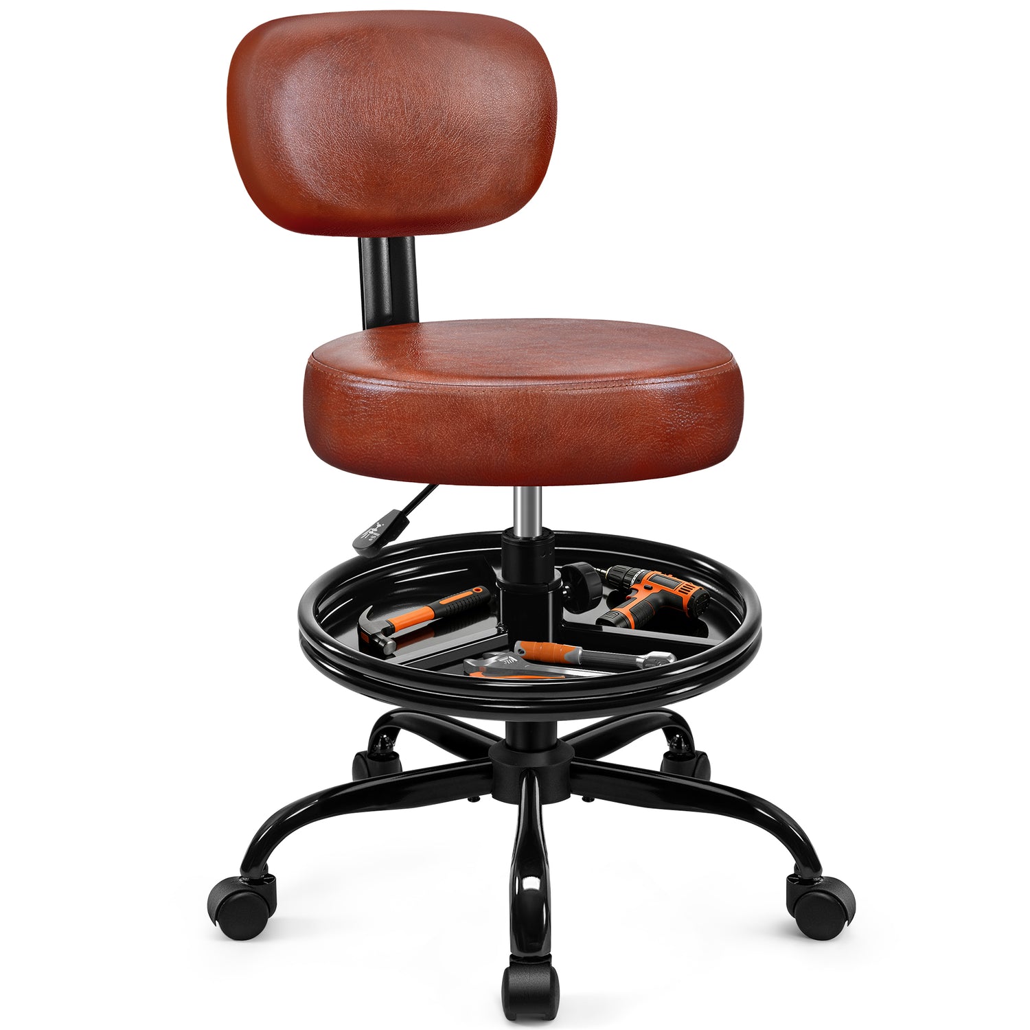 Primy Shop Stool with Wheels for Garage, Rolling Mechanics Chair with Backrest, Adjustable Height Heavy Duty Garage Stool with Footrest and Storage Tray, Swivel Task Chair for Workshop Kitchen Salon