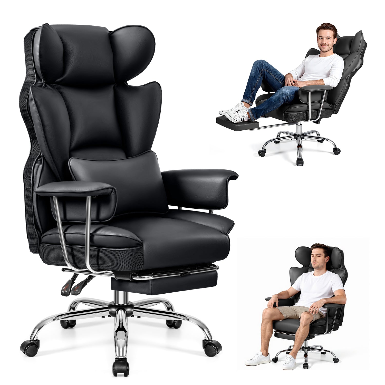 Primy High Back Office Chair, Big and Tall PU Leather Executive Chair with Footrest – Ergonomic Reclining Computer Desk Chair, High-Density Foam, Heavy Duty Swivel Rolling Chair