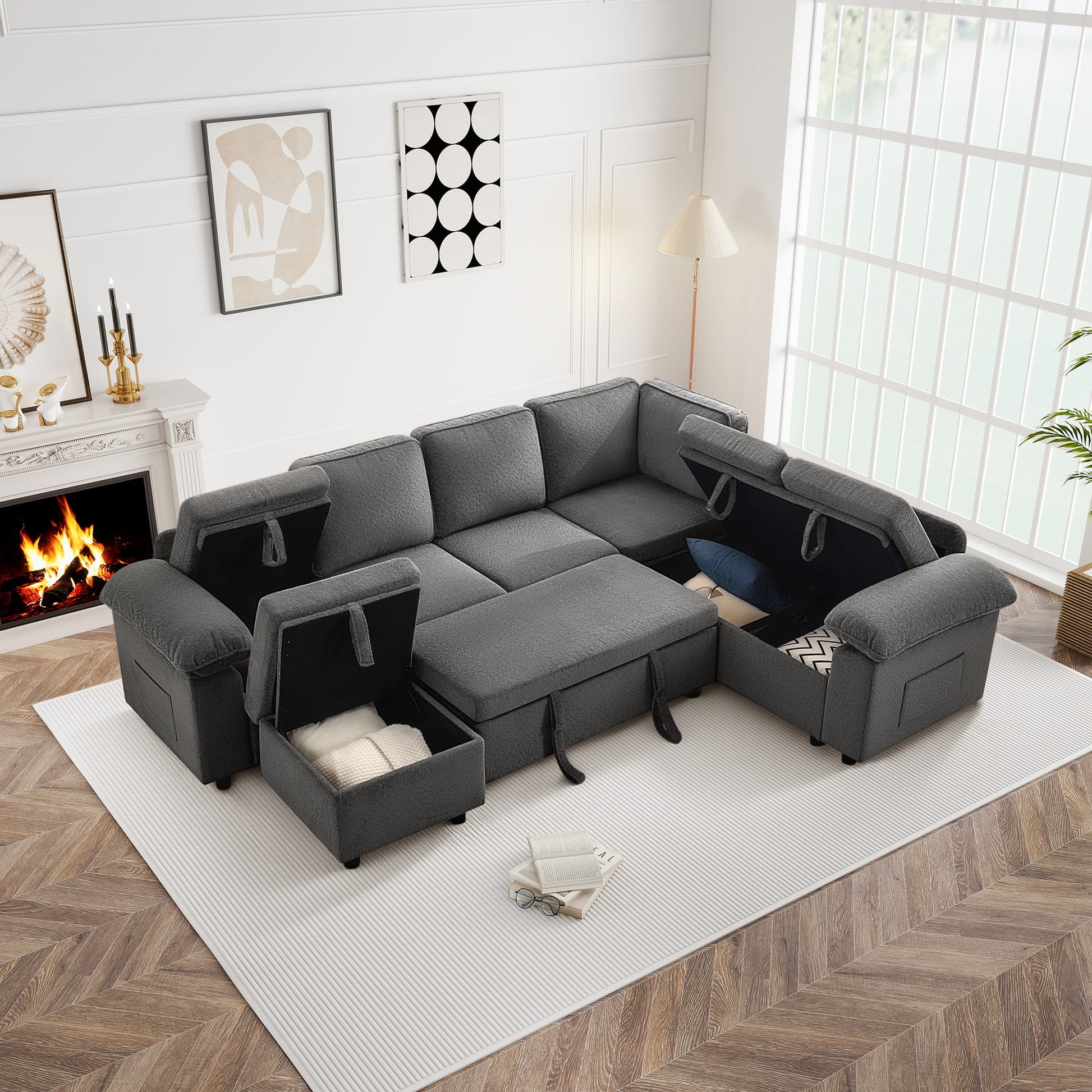 7-Seater Modular Sectional Sofa Couch with Pull-Out Sleeper and Storage