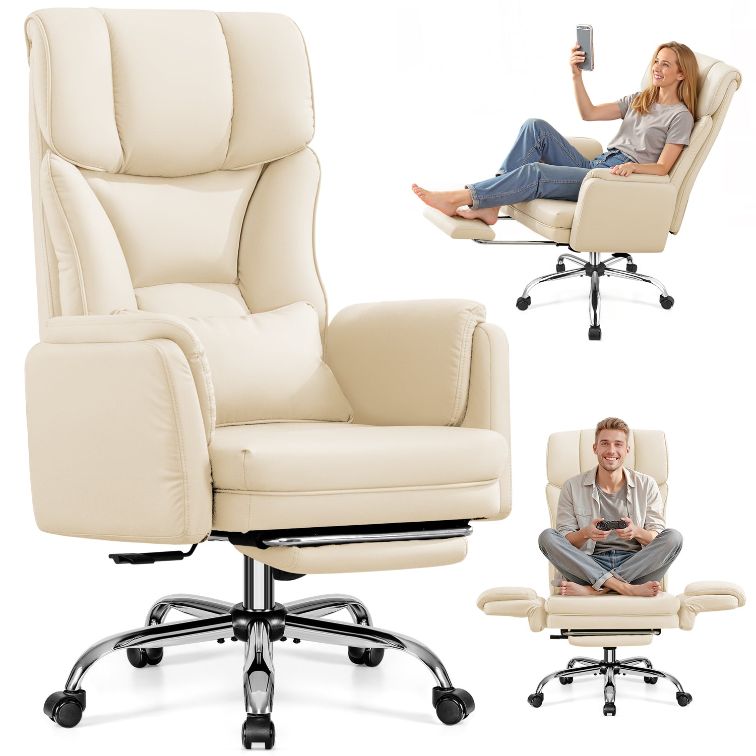 Cross Legged Office Chair with Footrest & Convertible Armrests, 500LBS Capacity Home Desk Chair, Ergonomic Recliner with Lumbar Pillow, Criss Cross Design, Big and Tall Executive Chair