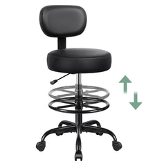 Primy Drafting Chair with Backrest - Adjustable Rolling Stool | Armless Office & Bar Height Chair | PU Leather with Thick Cushion | for Home, Office, Salon, Kitchen, Shop