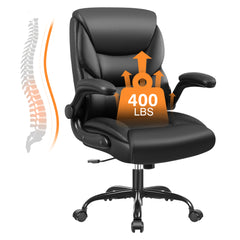 Primy Compact PU Leather Office Chair - Ergonomic Adjustable Height Computer Desk Chair with Flip-Up Armrests, Mid-Back Executive Swivel Chair on Wheels for Small Spaces & Petite Users