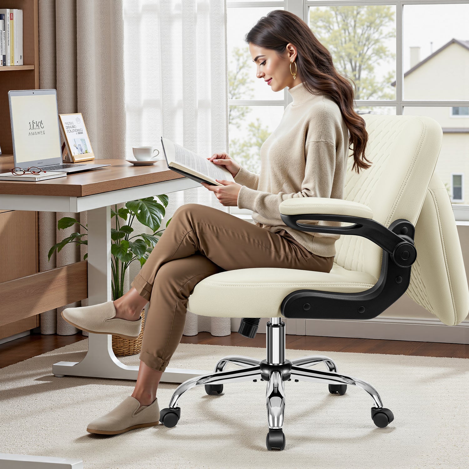 Primy Criss Cross Office Chair with 2-in-1 Flip Backrest, Ergonomic PU Leather Floor Sitting Chair, 360° Swivel Flip-Up Arms, Extra-Wide Seat