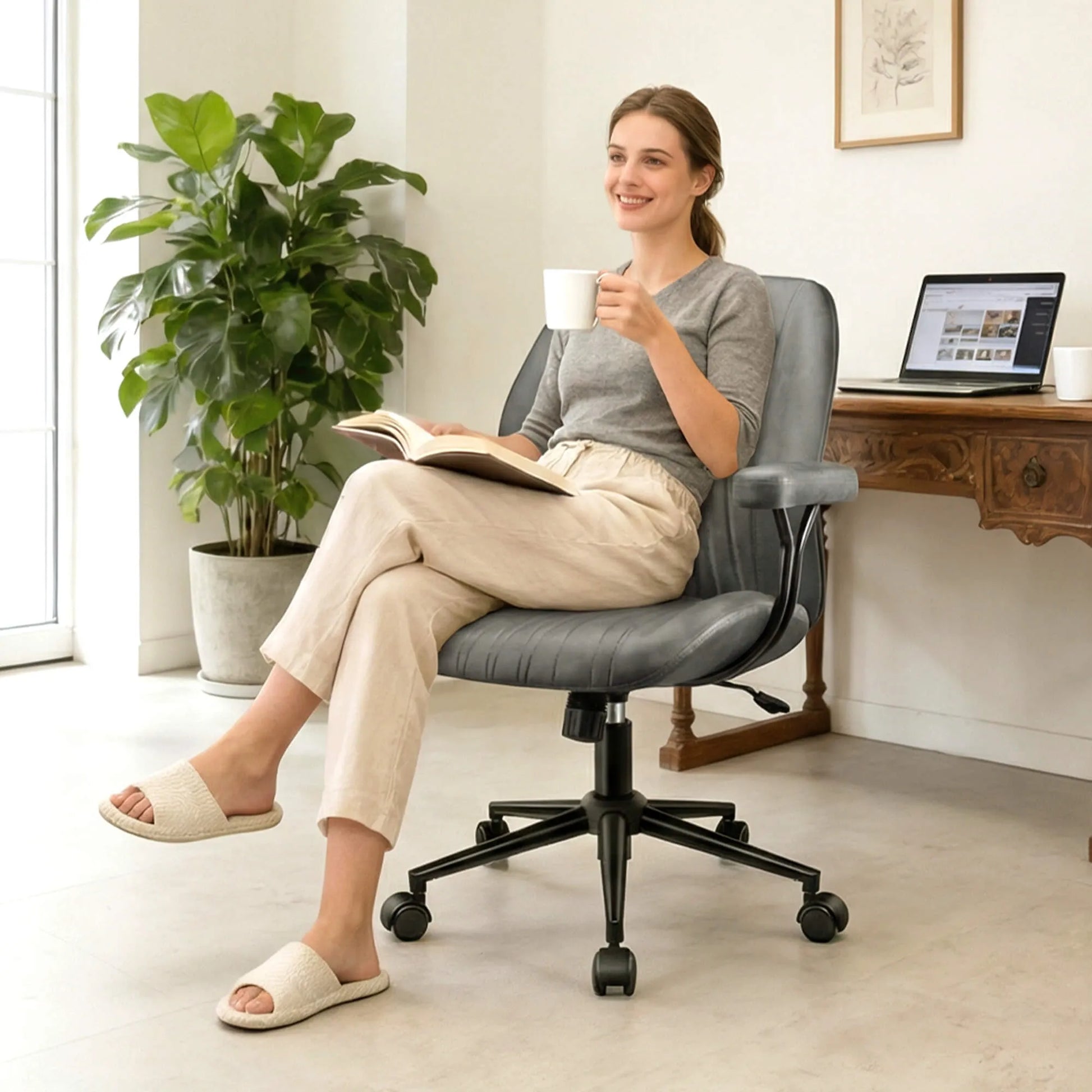 High Back Suede Office Chair Adjustable Home Desk Chair with Lumbar Support