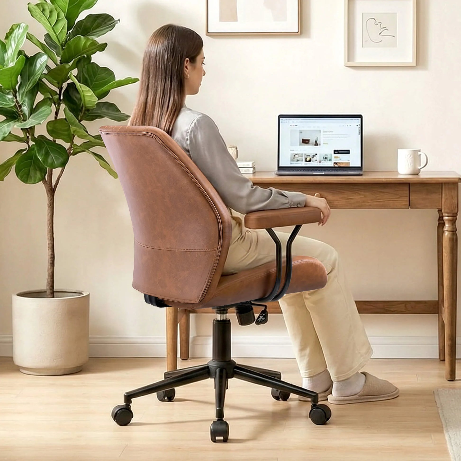 High Back Suede Office Chair Adjustable Home Desk Chair with Lumbar Support