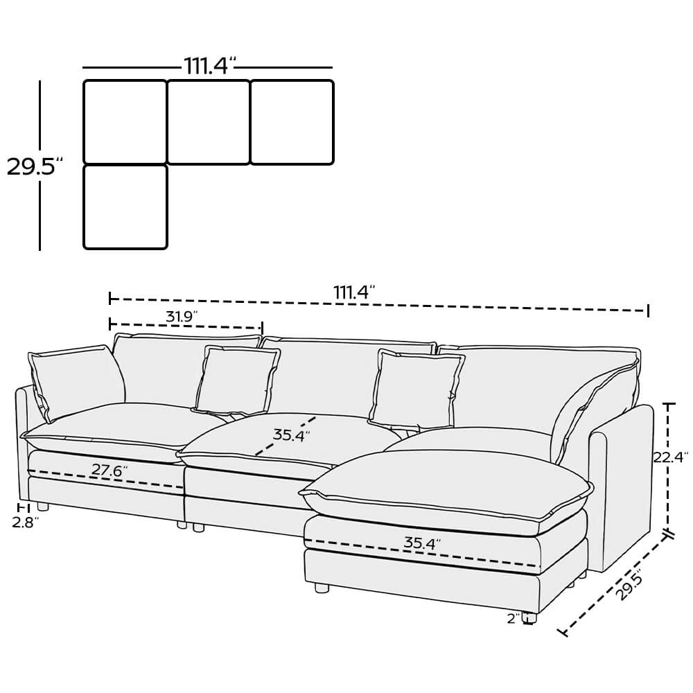Modular 3-Seat Deep Seat Sectional Sofa with Ottoman