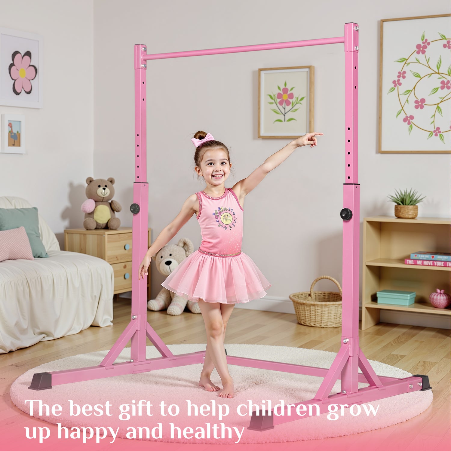 Primy 230LBS Gymnastics Bar for Kids, 39~61inches Adjustable Height Gymnastic Horizontal Bars, Folding Stable Gymnastics Equipment Junior Training Bar for Home Using for Children