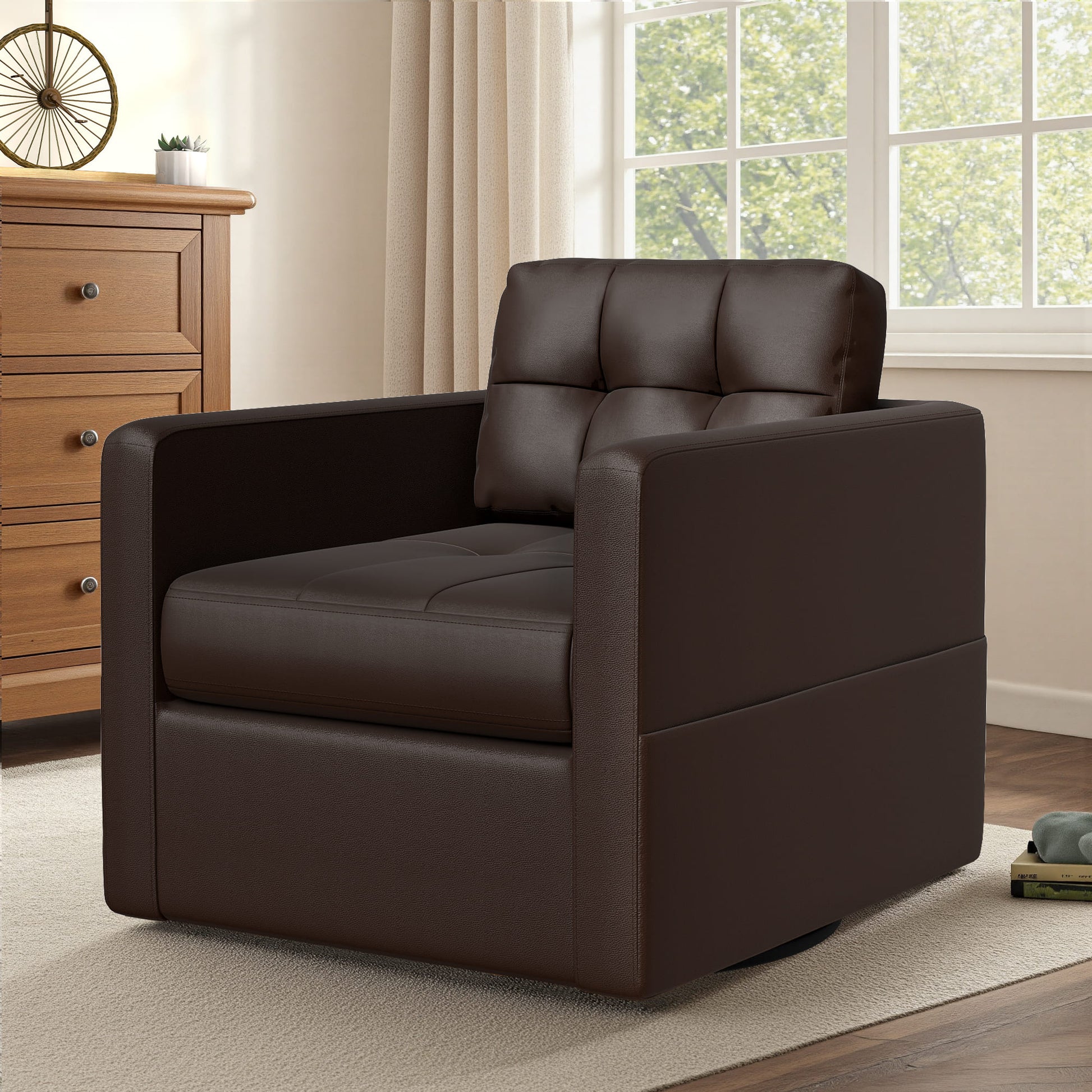 Leather Swivel Accent Chair for Living Room with Throw Pillow