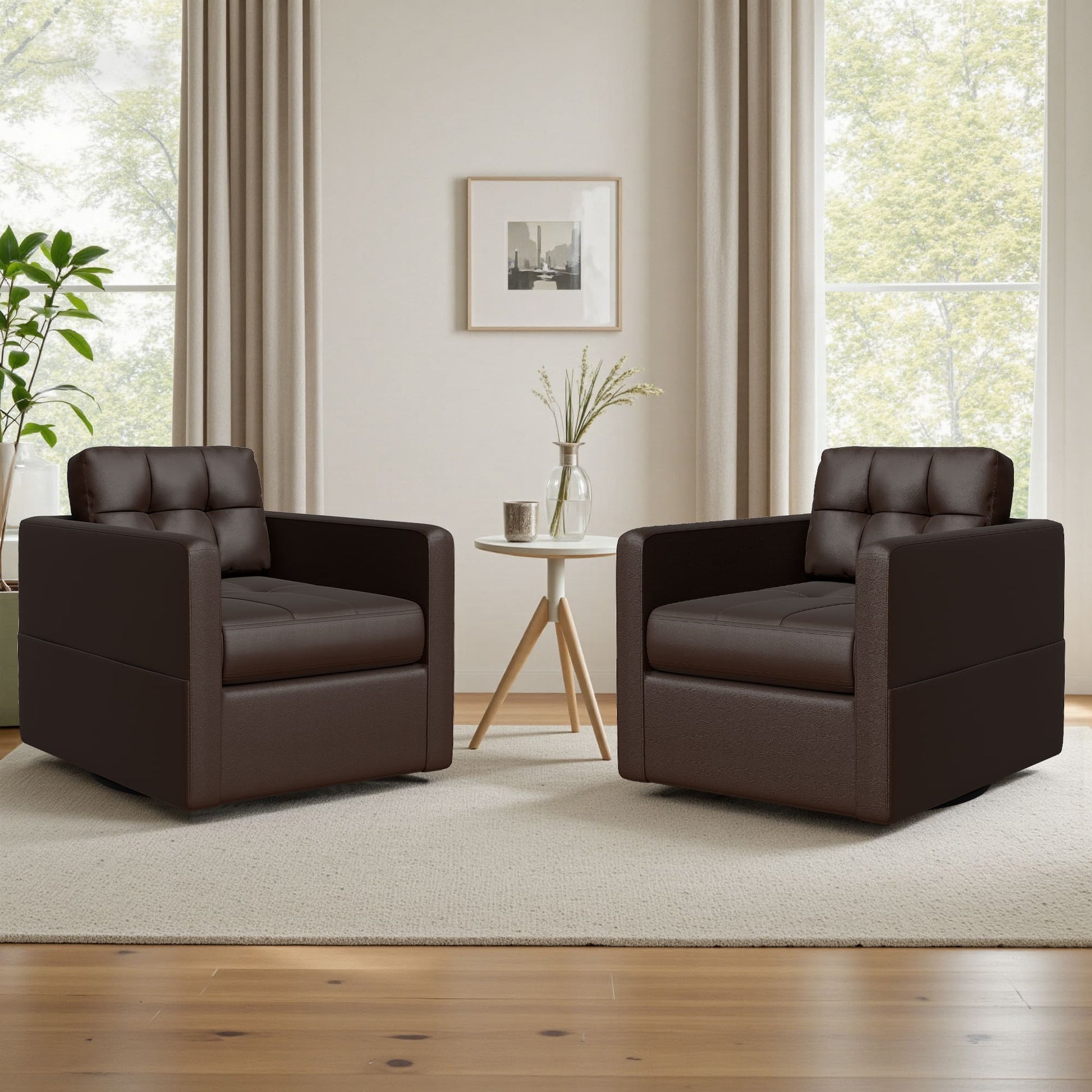 Leather Swivel Accent Chair for Living Room with Throw Pillow
