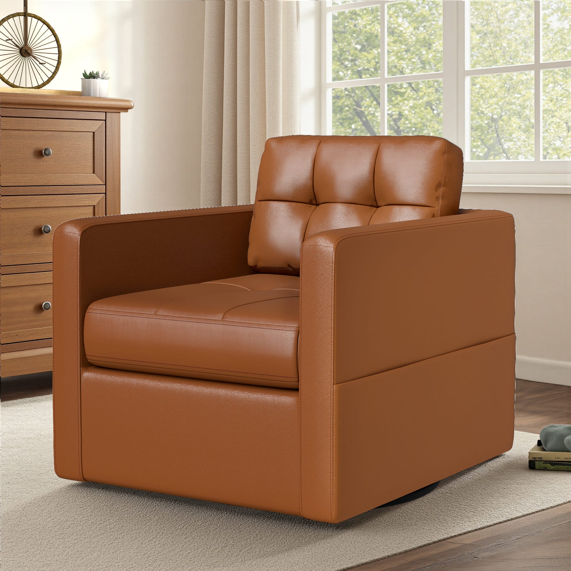 Leather Swivel Accent Chair for Living Room with Throw Pillow