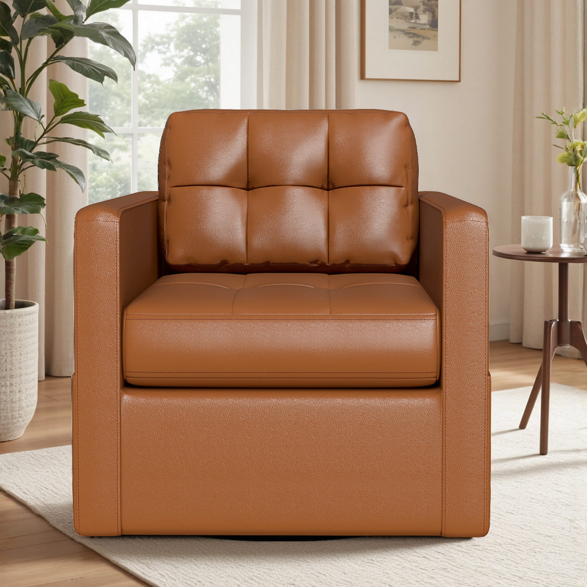 Leather Swivel Accent Chair for Living Room with Throw Pillow