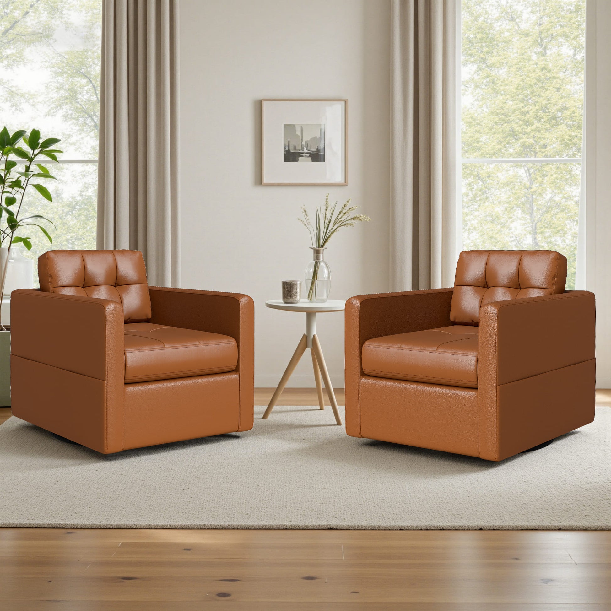 Leather Swivel Accent Chair for Living Room with Throw Pillow
