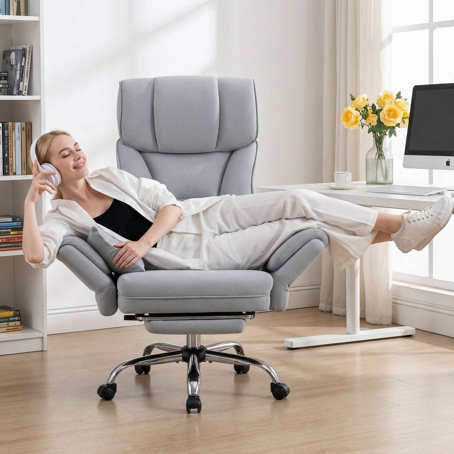 Primy Cross Legged Big and Tall Office Chair with Footrest & Convertible Armrests, 500LBS velvet Home Desk Chair, Ergonomic Recliner with Lumbar Pillow, Criss Cross Soft-Cushioned Executive Chair