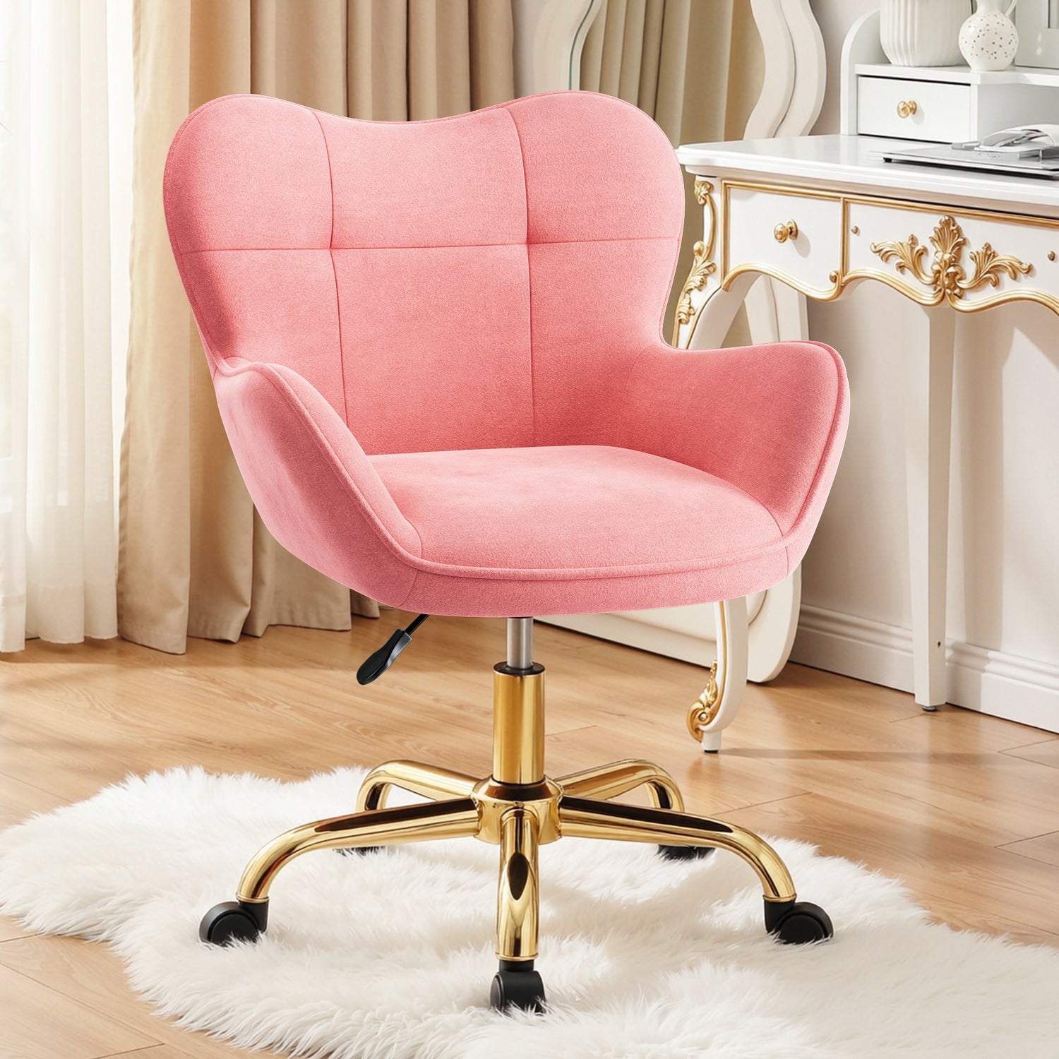 Primy Vanity Chair with Wheels, Home Office Chair Cute Makeup Desk Chairs Adjustable Height for Bedroom, Modern Accent Chair with Back
