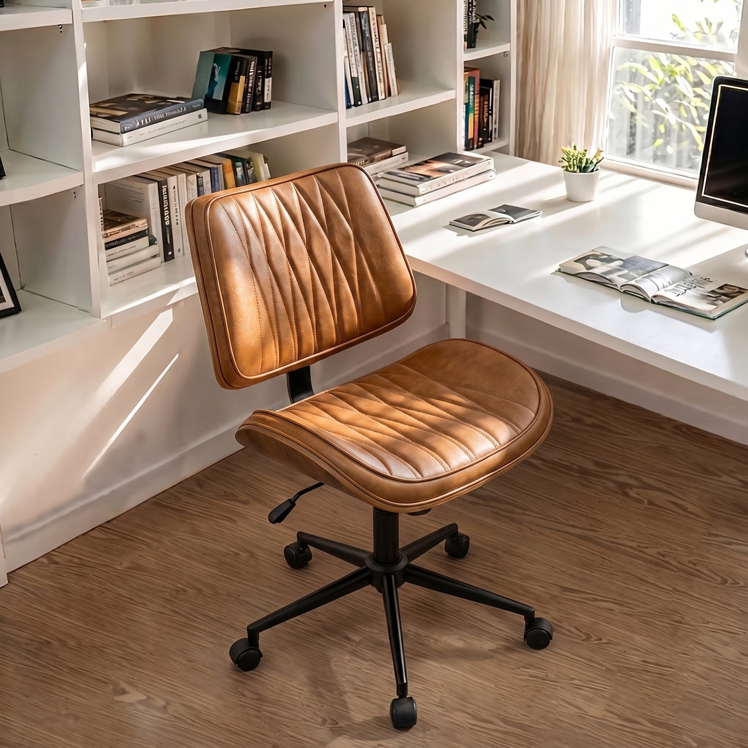 Primy Armless Office Desk Chair, Mid-Century Modern Faux Leather Task Office Chair with Bentwood-Inspired Detailing, Adjustable Height Swivel Rolling Task Computer Chair with Walnut Accent for Home