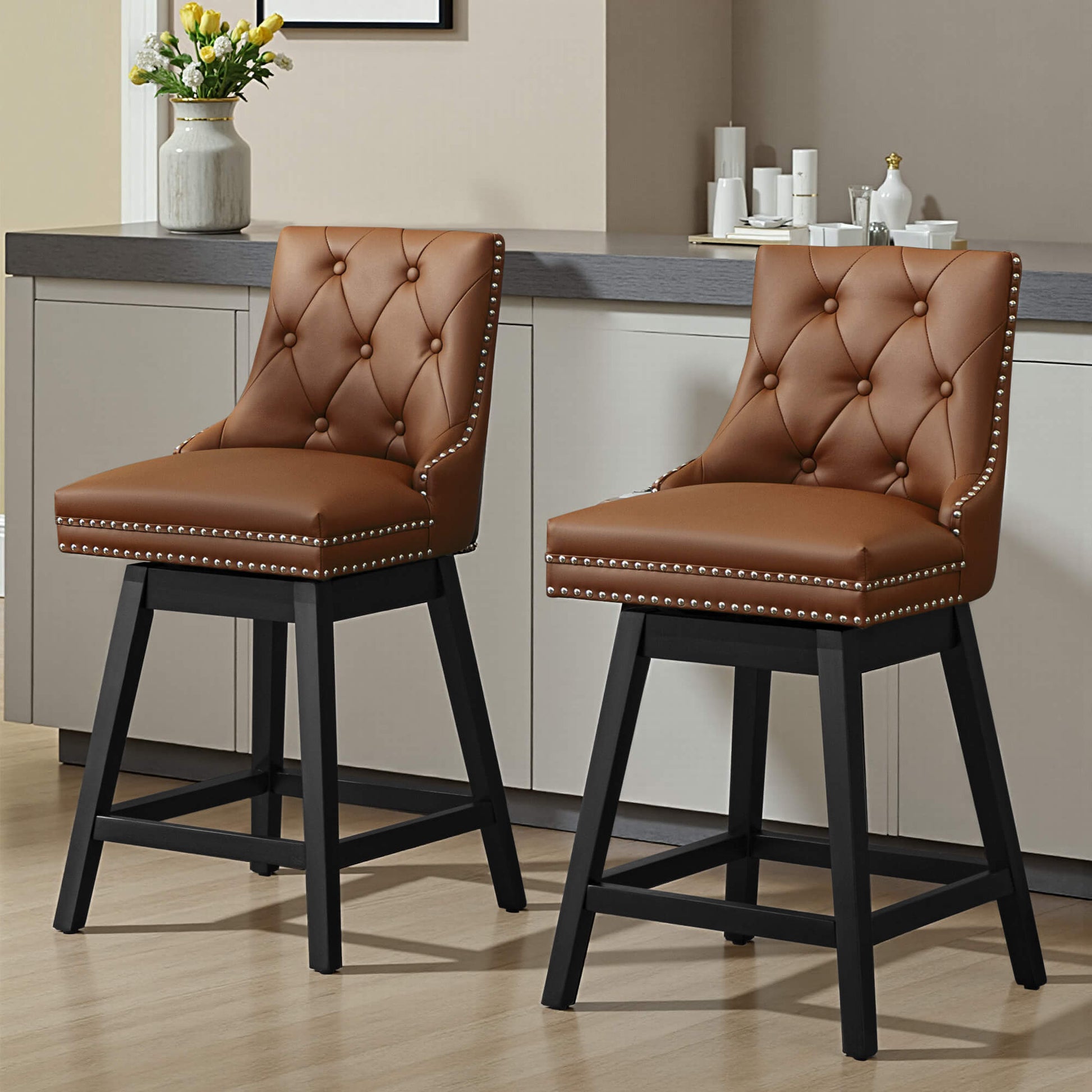 Swivel Bar Stools with Backs and Solid Wood Legs Set of 2