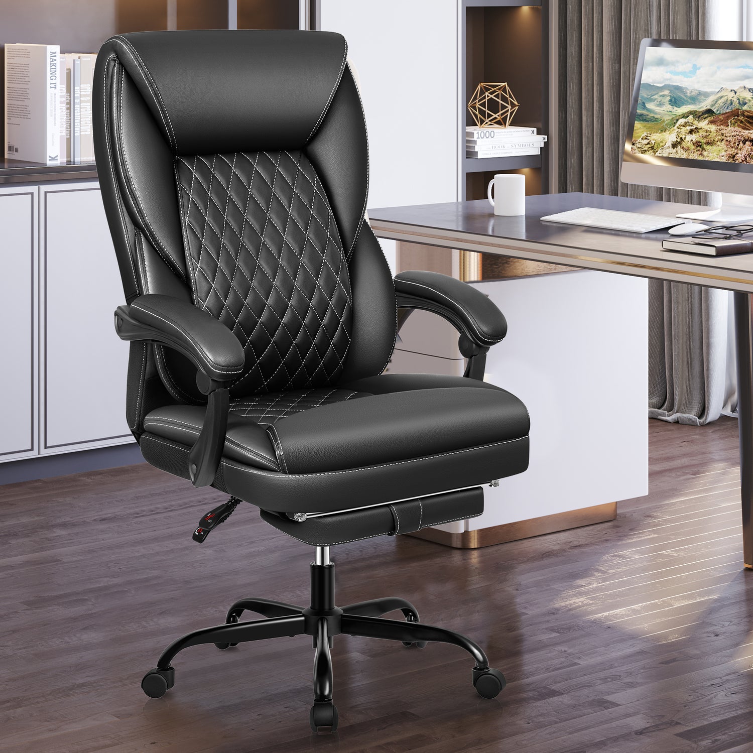 Office Chair with Retractable Footrest, Ergonomic High Back Executive Computer Desk Chair, Big & Tall PU Leather Reclining Chair for Home Office Work