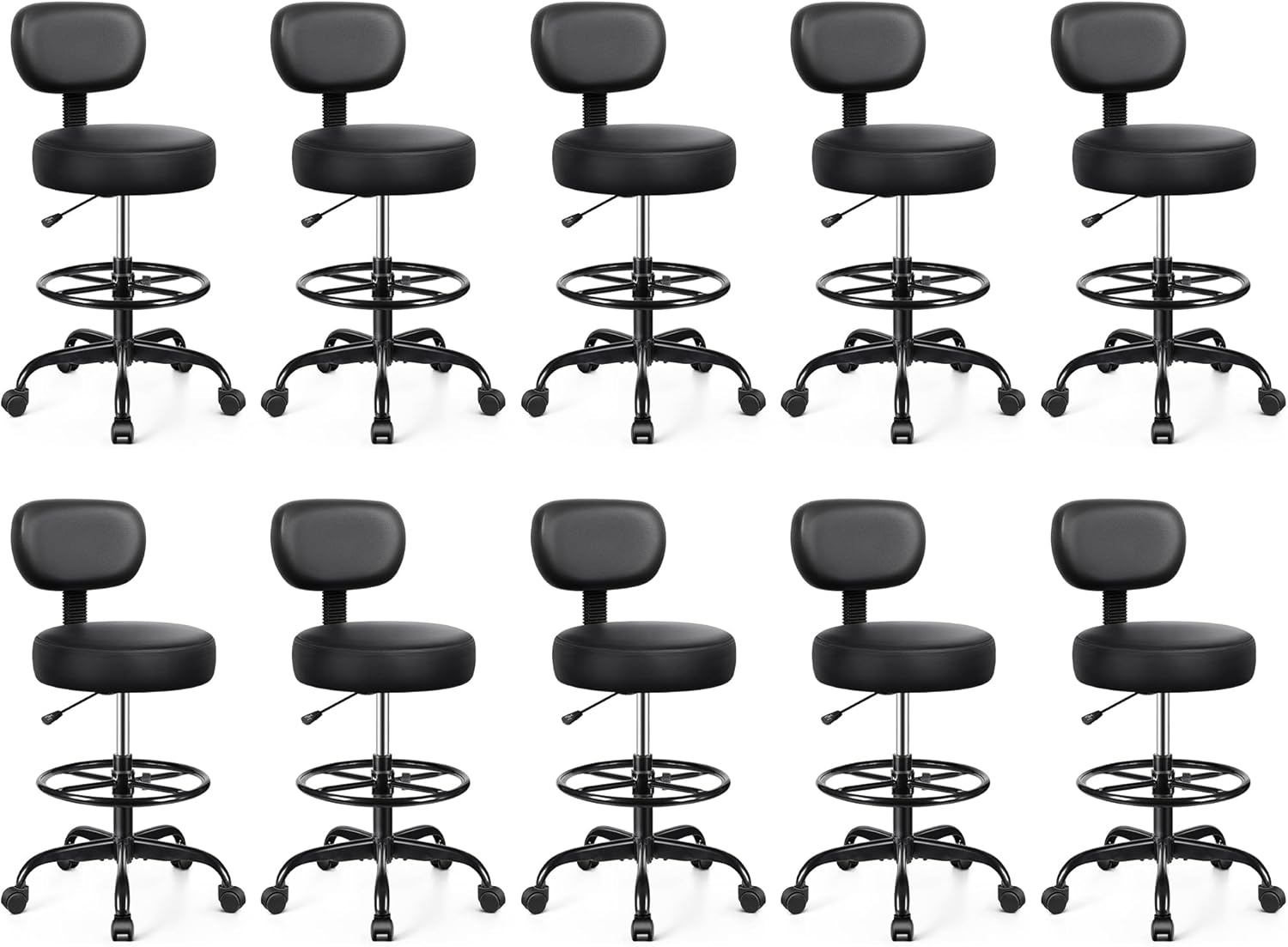 Drafting Chair with Backrest – Adjustable Foot Rest Rolling Stool with Wheels, PU Leather Swivel Stool for Office Spa Studio Lab Counter Salon Home Work Bar Kitchen Shop(Black), Pack of 10