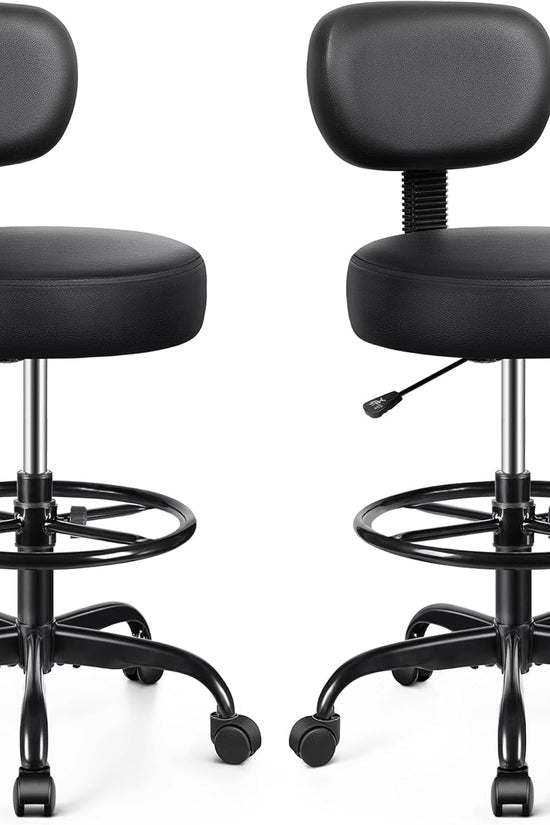 Drafting Chair with Backrest – Adjustable Foot Rest Rolling Stool with Wheels, PU Leather Swivel Stool for Office Spa Studio Lab Counter Salon Home Work Bar Kitchen Shop(Black), Pack of 2