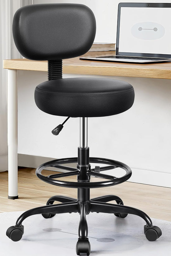 Drafting Chair with Backrest – Adjustable Foot Rest Rolling Stool with Wheels, PU Leather Swivel Stool for Office Spa Studio Lab Counter Salon Home Work Bar Kitchen Shop(Black), Pack of 10
