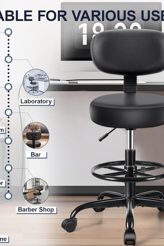 Drafting Chair with Backrest – Adjustable Foot Rest Rolling Stool with Wheels, PU Leather Swivel Stool for Office Spa Studio Lab Counter Salon Home Work Bar Kitchen Shop(Black), Pack of 10