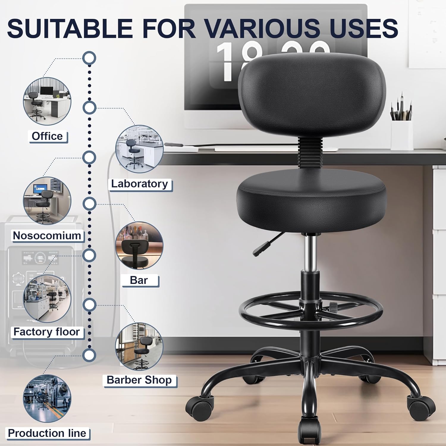 Drafting Chair with Backrest – Adjustable Foot Rest Rolling Stool with Wheels, PU Leather Swivel Stool for Office Spa Studio Lab Counter Salon Home Work Bar Kitchen Shop(Black), Pack of 10