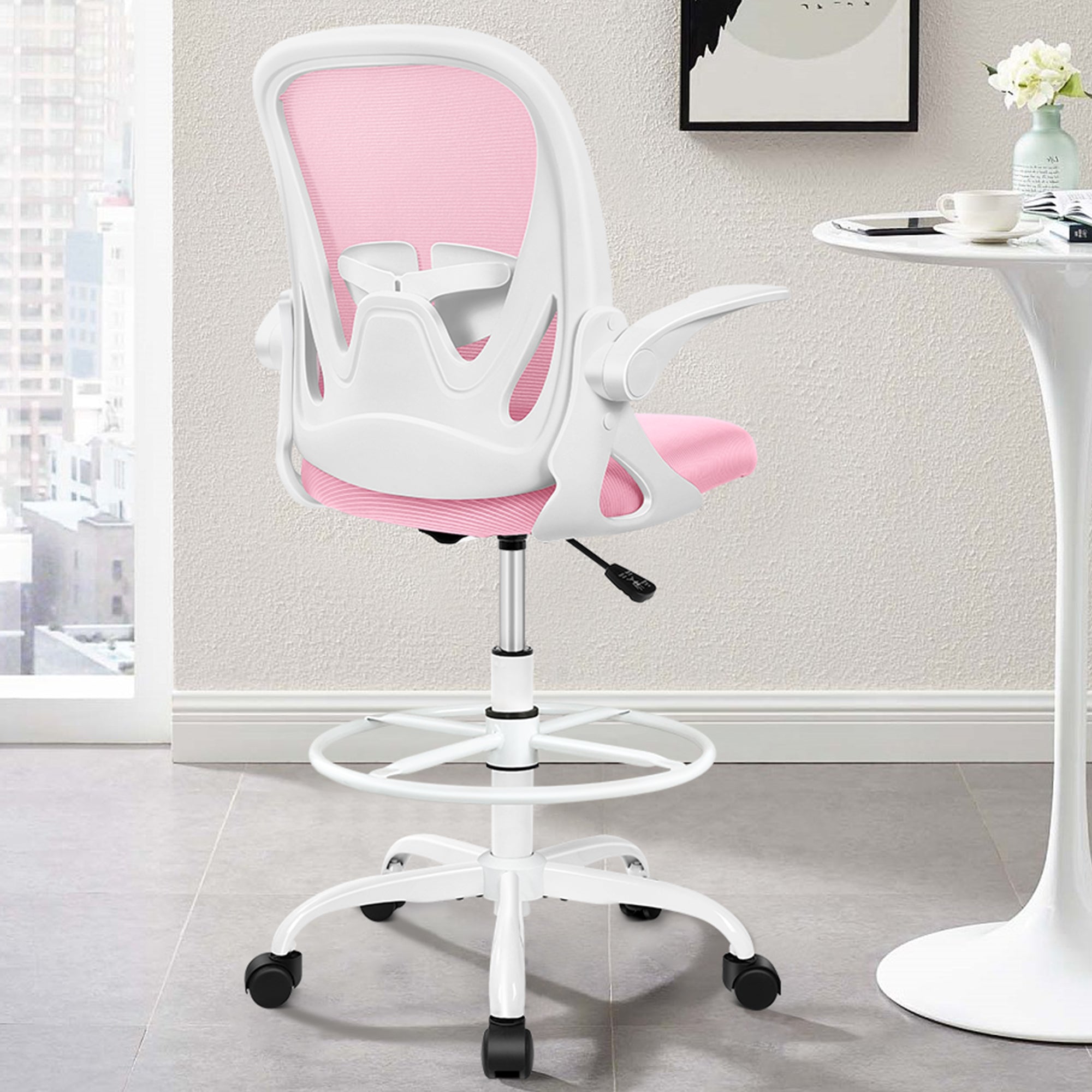 Primy Drafting Chair Tall Office Chair with Flip-up Armrests Executive  Ergonomic Computer Standing Desk Chair with Lumbar Support and Adjustable  Footrest Ring (Pink) - Yahoo Shopping