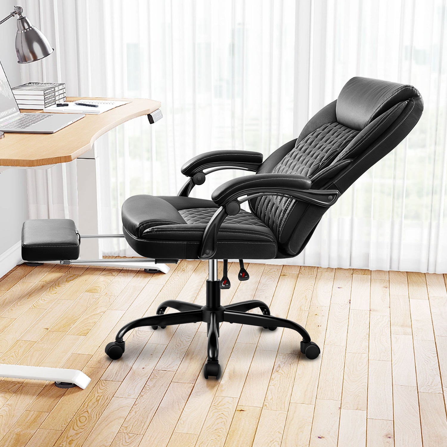 Office Chair with Retractable Footrest, Ergonomic High Back Executive Computer Desk Chair, Big & Tall PU Leather Reclining Chair for Home Office Work