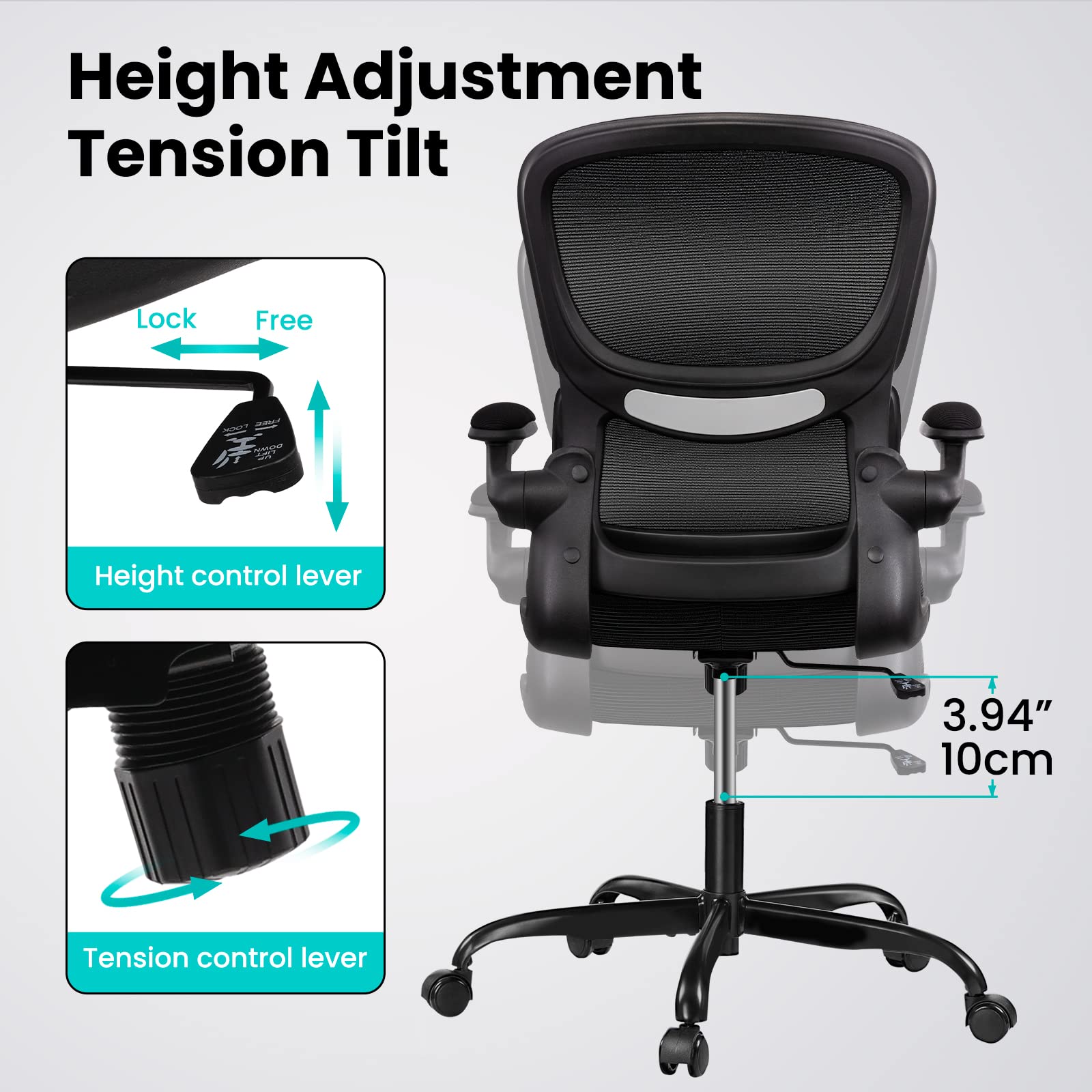 Hbada Ergonomic Office Chair with 2D Adjustable Armrest, Office Chair with 2D Adjustable Lumbar Support, Computer Chair with Tilt Function, Desk Chair