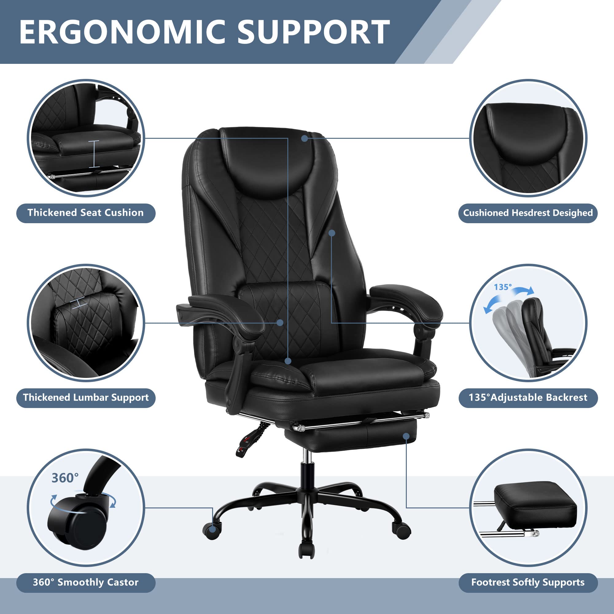 Office Chair - High Quality PU Leather/Double Padded/Support Cushion and Footrest - Black