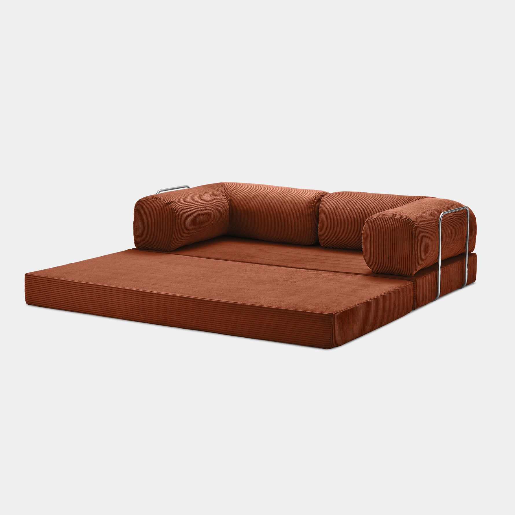 Primyhome brown convertible sleeper sofa bed in unfolded position, showcasing the corduroy fabric and metal side rails