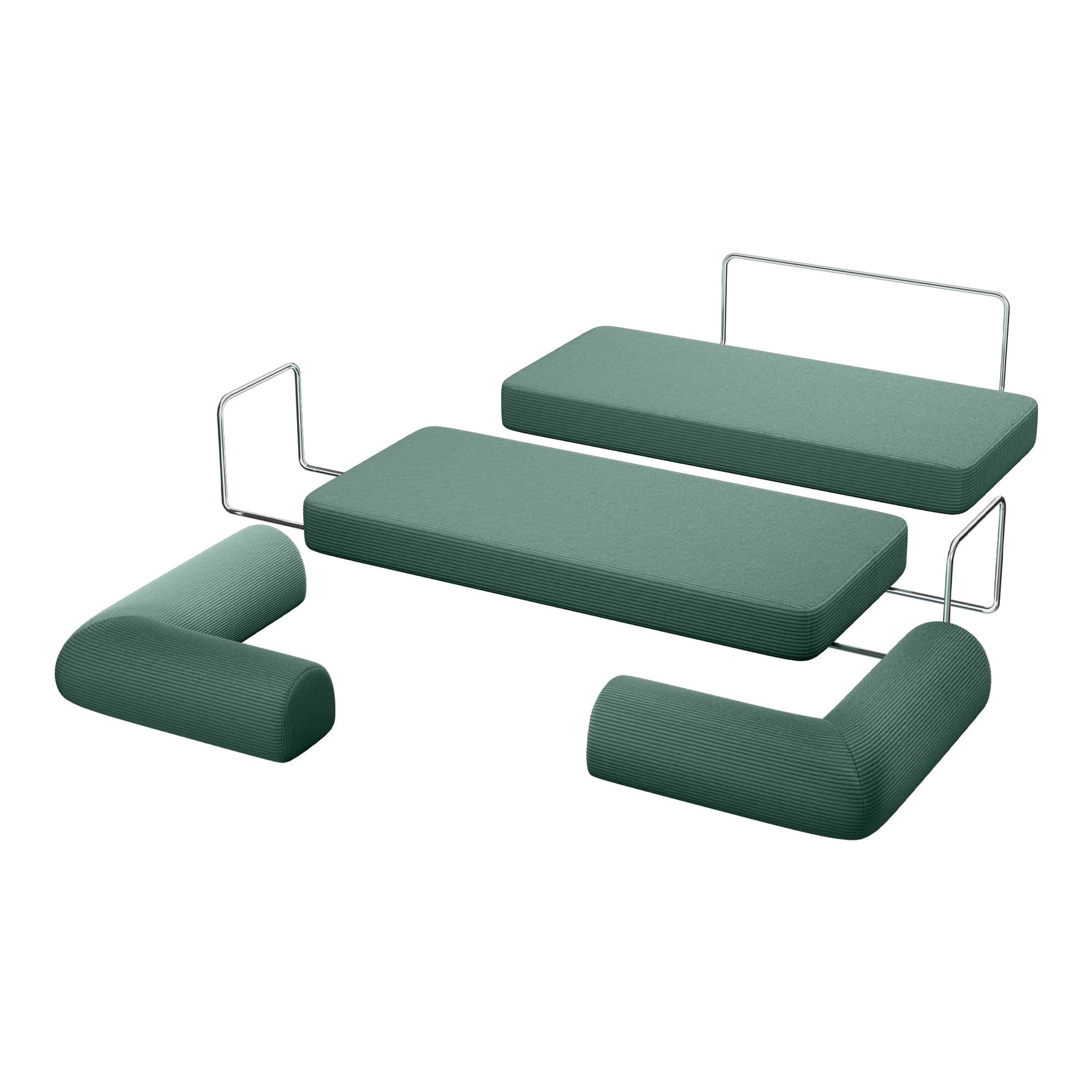 Primyhome Forest Green modular sofa components, showing corduroy cushions and metal frames for easy assembly.