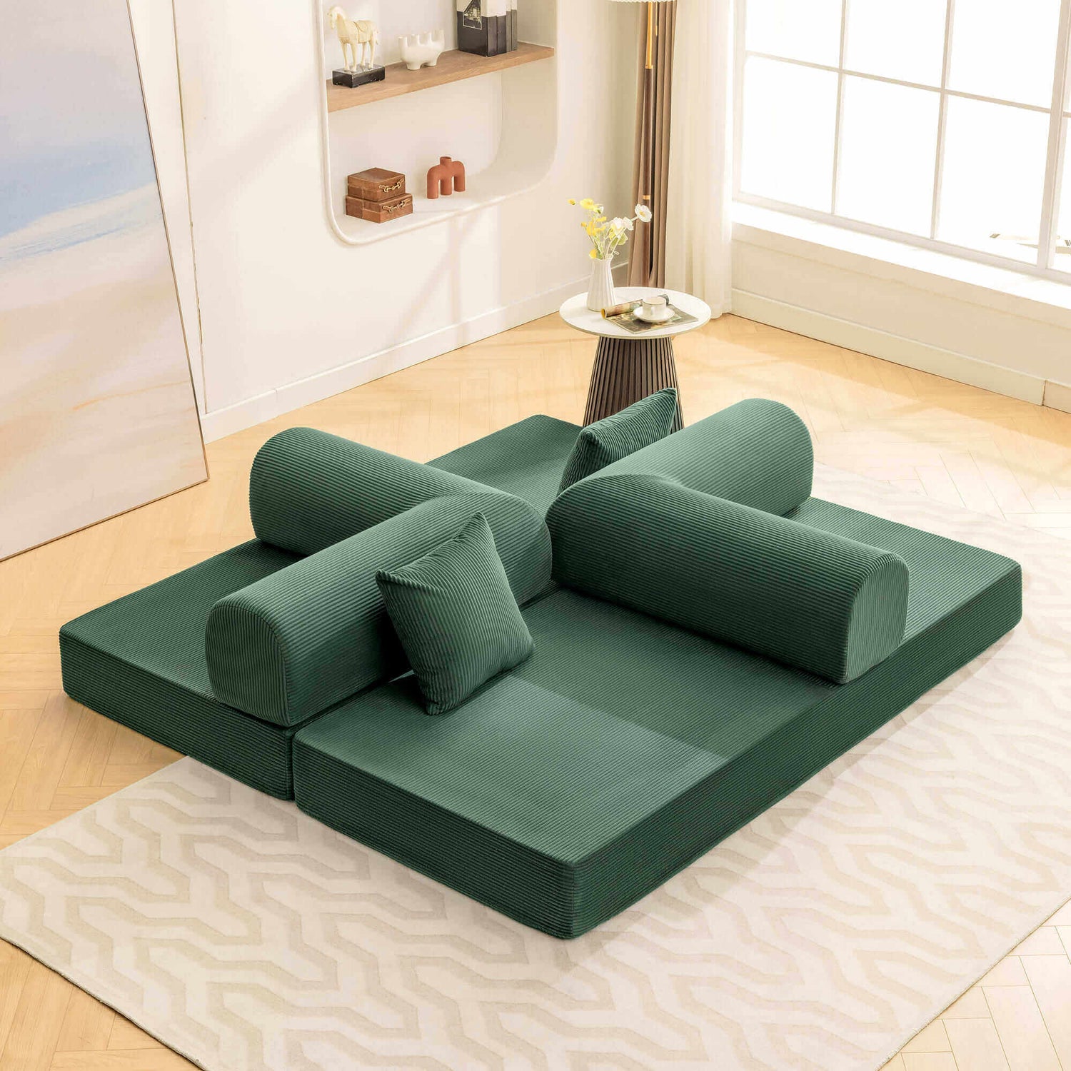 Primyhome Green foldable sofa bed - unfolded as a modular floor bed, mid-size corduroy sleeper for living room