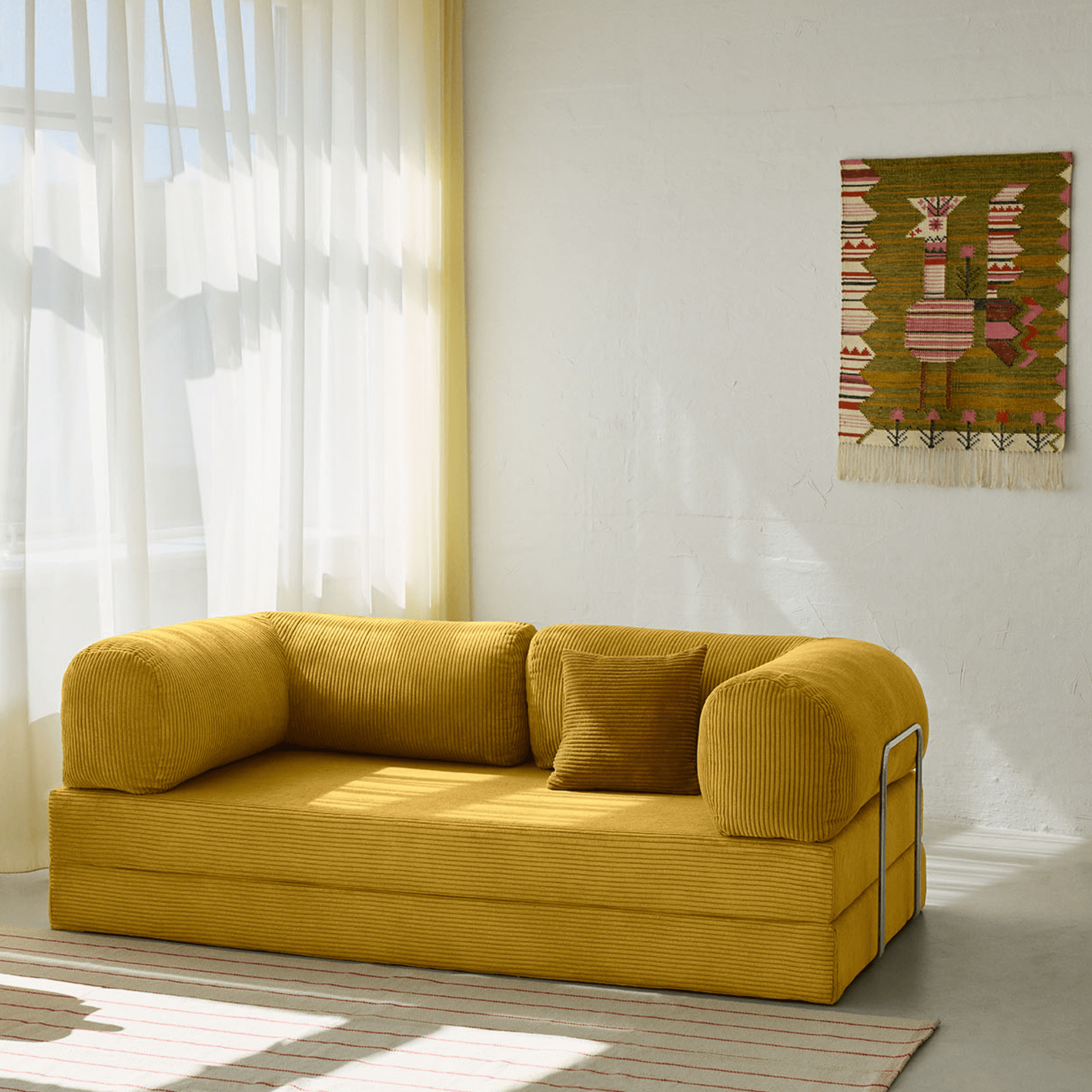 Primyhome Ginger Yellow corduroy convertible sofa rear view with sturdy chrome metal back support