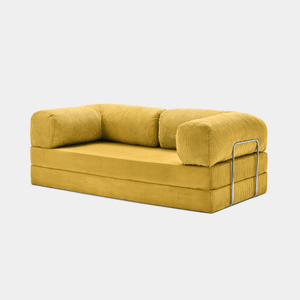 Primyhome Ginger Yellow convertible sleeper sofa bed in unfolded position, showcasing the corduroy fabric and metal side rails