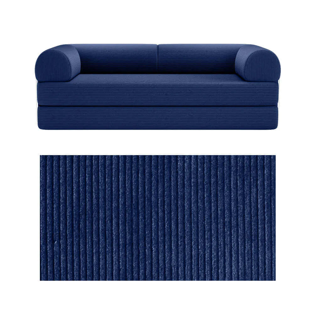 Primyhome convertible foldable sofa bed in Navy Blue, large, featuring a close-up of the corduroy fabric texture