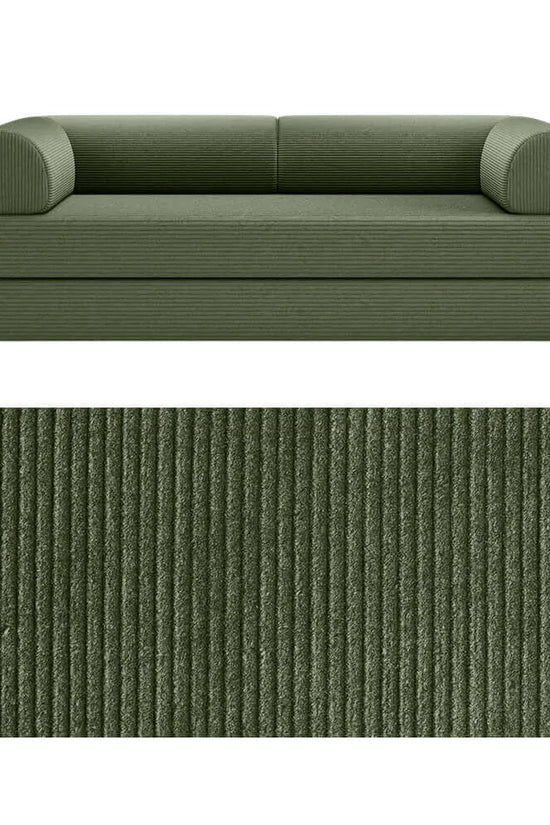 Primyhome convertible foldable sofa bed in Olive Green, large, featuring a close-up of the corduroy fabric texture