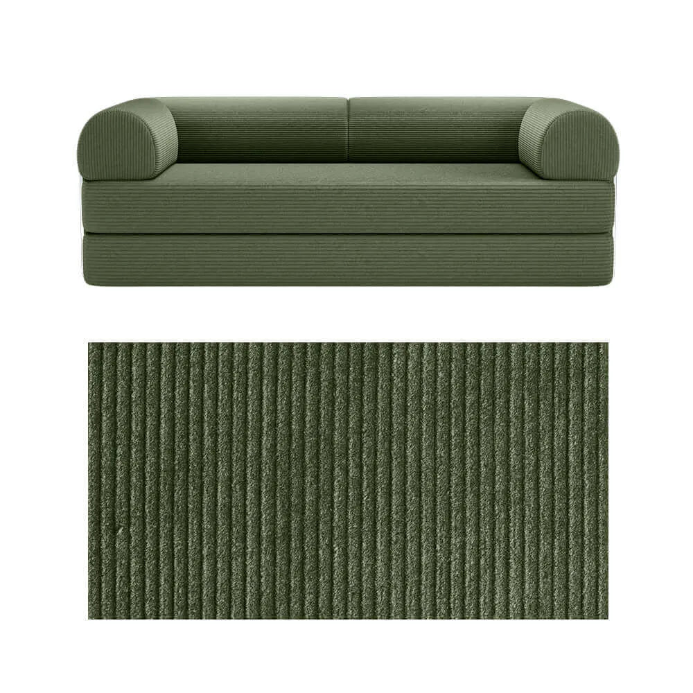 Primyhome convertible foldable sofa bed in Olive Green, large, featuring a close-up of the corduroy fabric texture