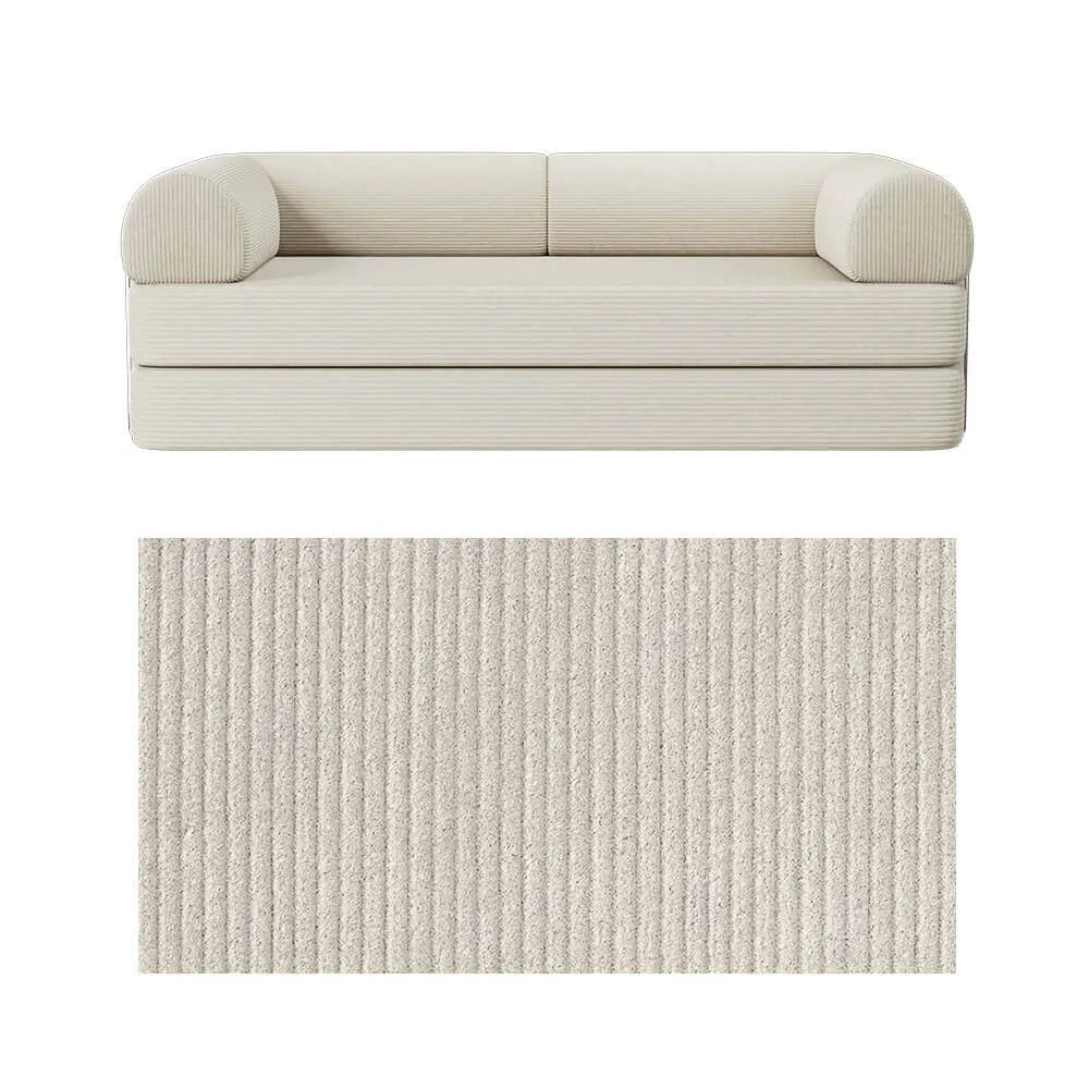 Primyhome convertible foldable sofa bed in White, large, featuring a close-up of the corduroy fabric texture