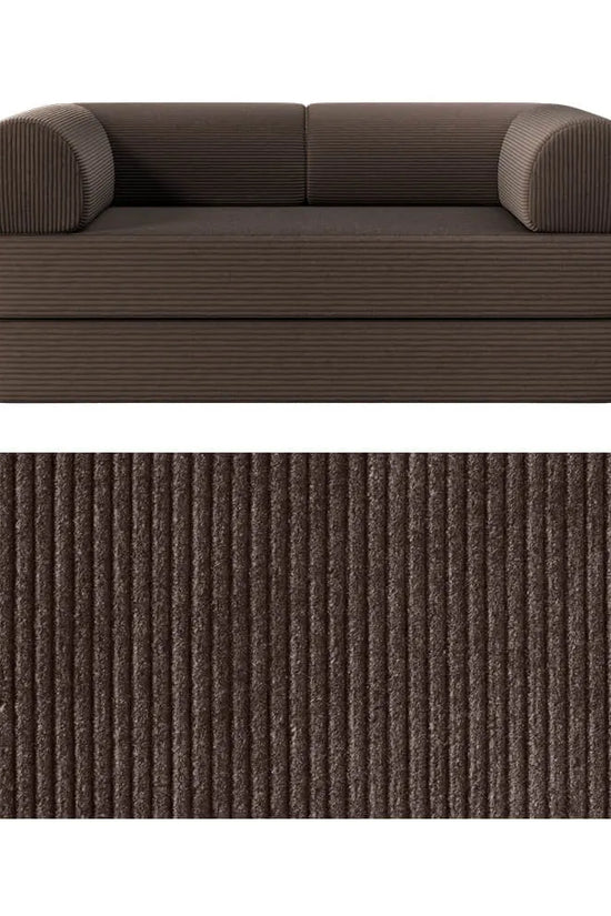 Primyhome convertible foldable sofa bed in Coffee Brown, mid-size, featuring a close-up of the corduroy fabric texture